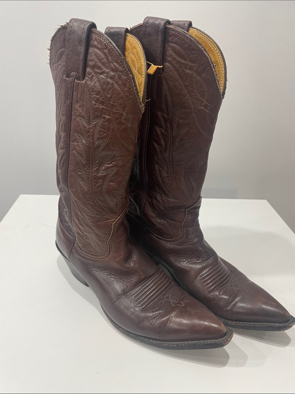 Nocona Brown Leather Western Cowboy Boots with Yellow Lining